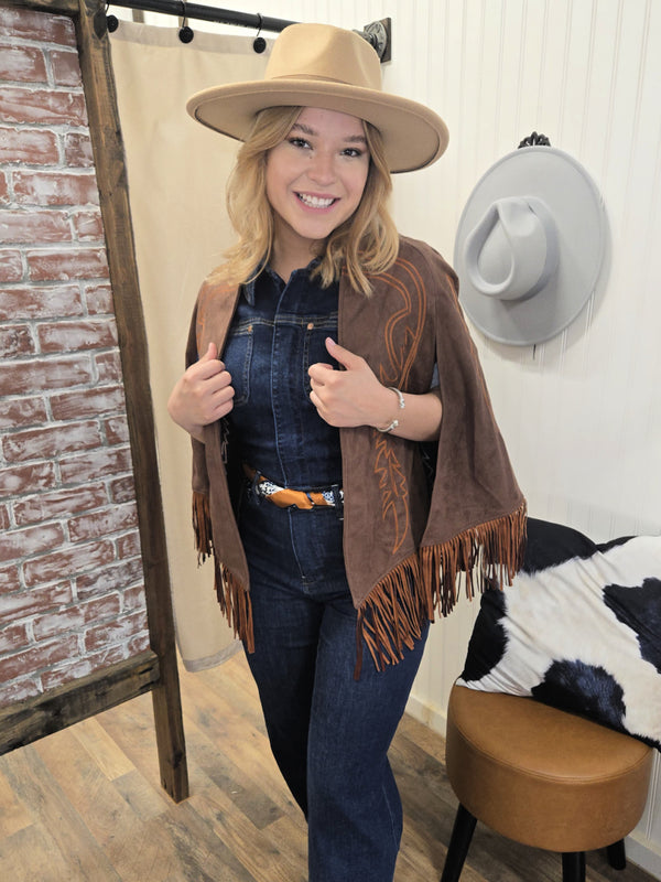 Brown Suede Boot Stitch Fringe Cape