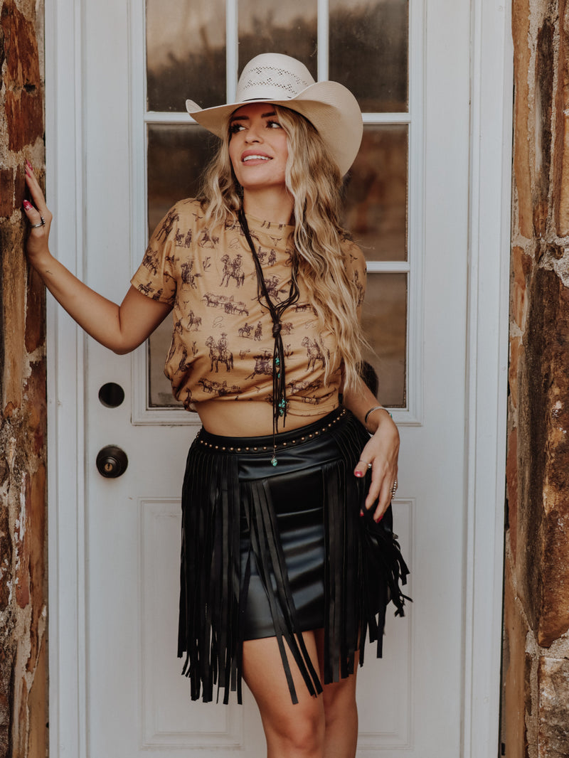 Faux Leather Fringe Skirt Black