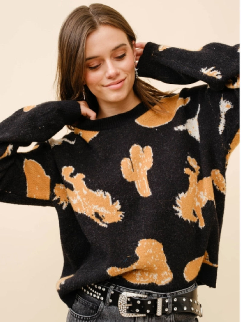 Western Print Crewneck Sweater