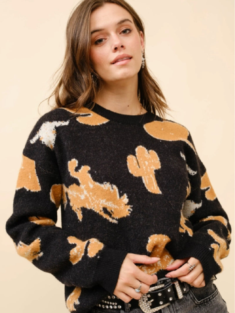 Western Print Crewneck Sweater