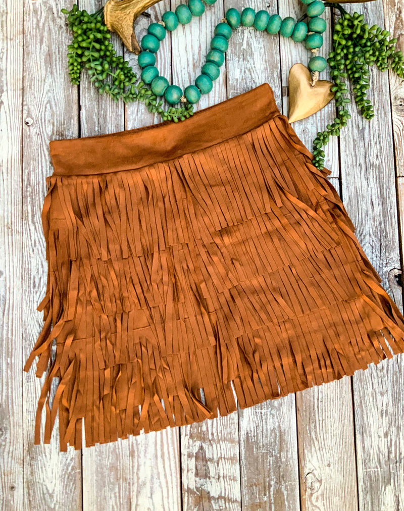 Faux Suede Fringe Mini Skirt Whiskey Tan