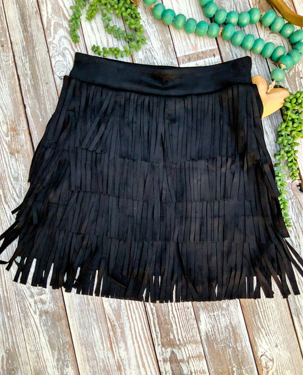 Faux Suede Fringe Mini Skirt - Black