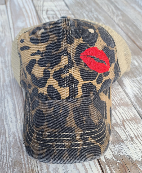 Red Lips on Leopard Embroidered Hat