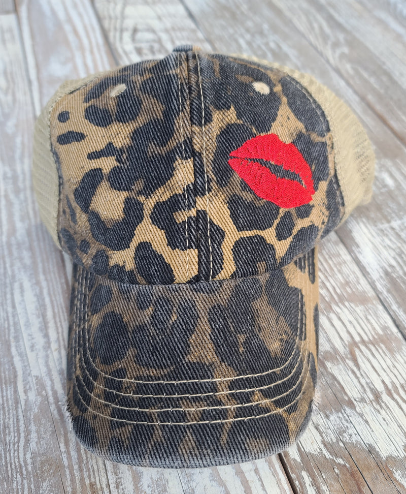 Red Lips on Leopard Embroidered Hat
