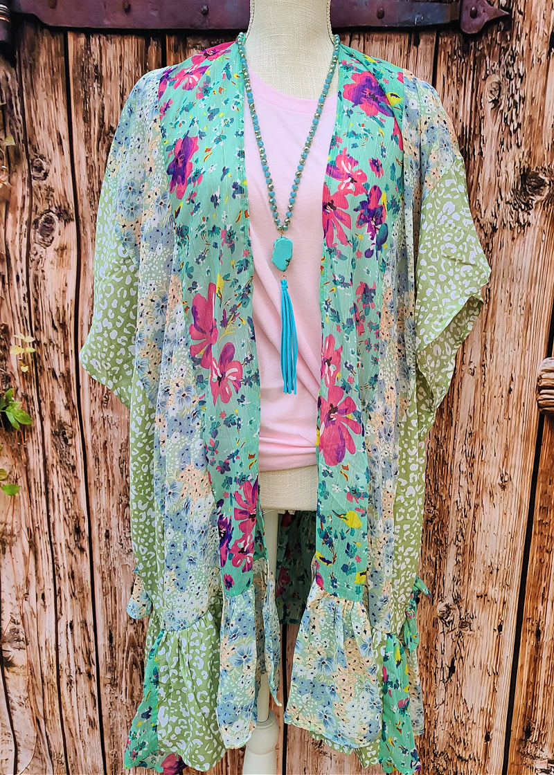Mixed Floral Print Kimono with Ruffle Hem