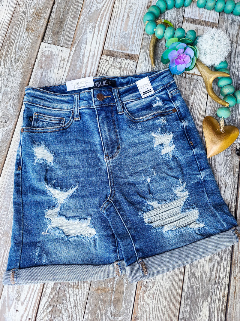 Hi-Wasted Mid-Length Destroyed Shorts Judy Blue 150024