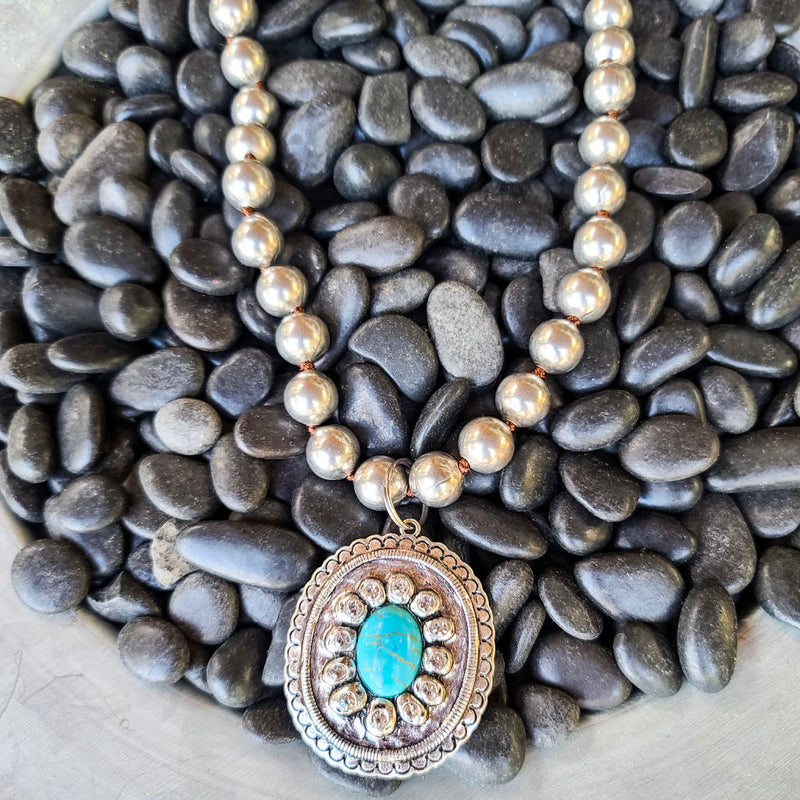 Silvertone Bead Necklace with Concho Pendant