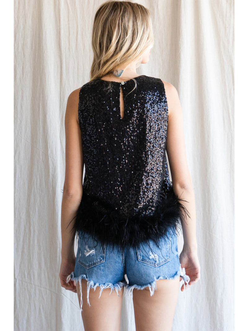 Sleeveless Sequin Top with Faux Feather Hemline