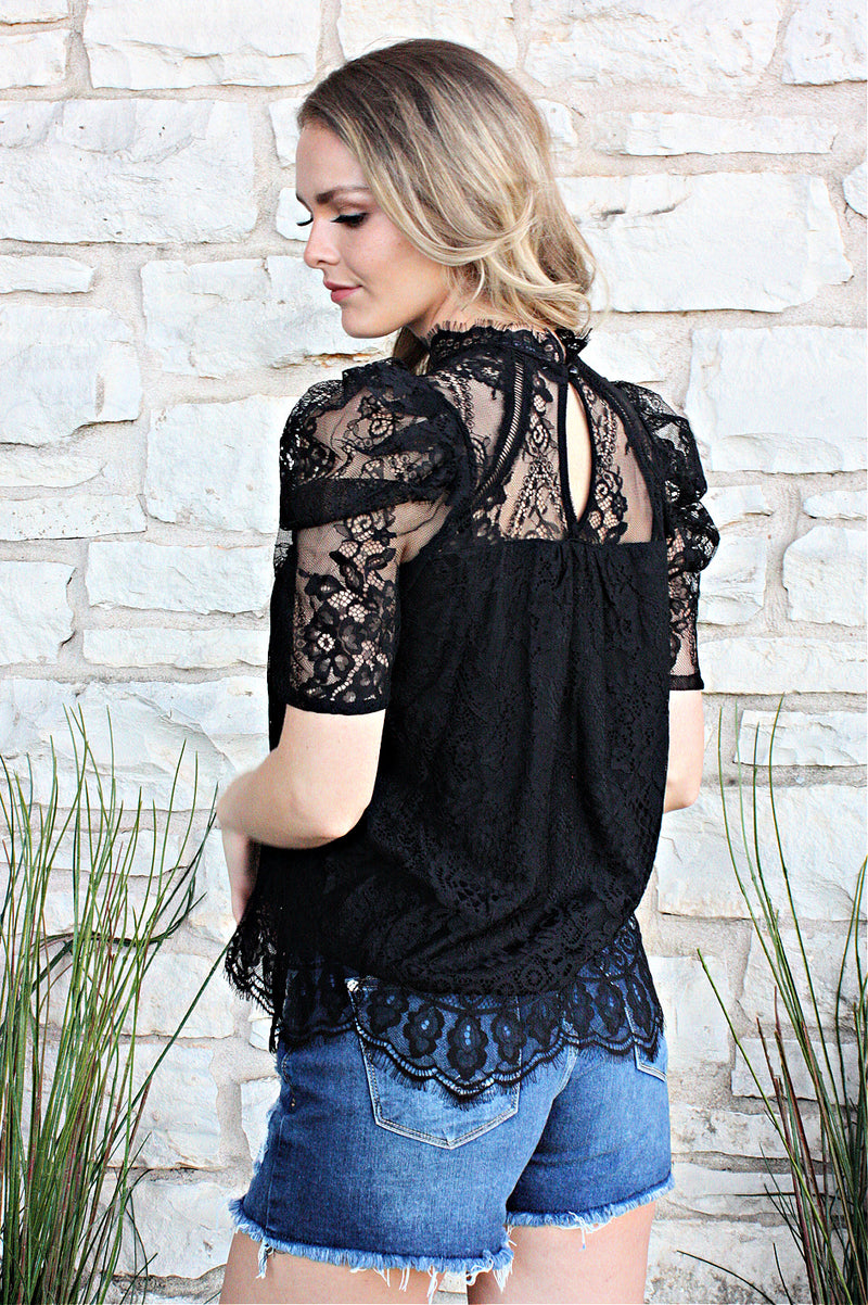 Black Lace Blouse with High Neckline