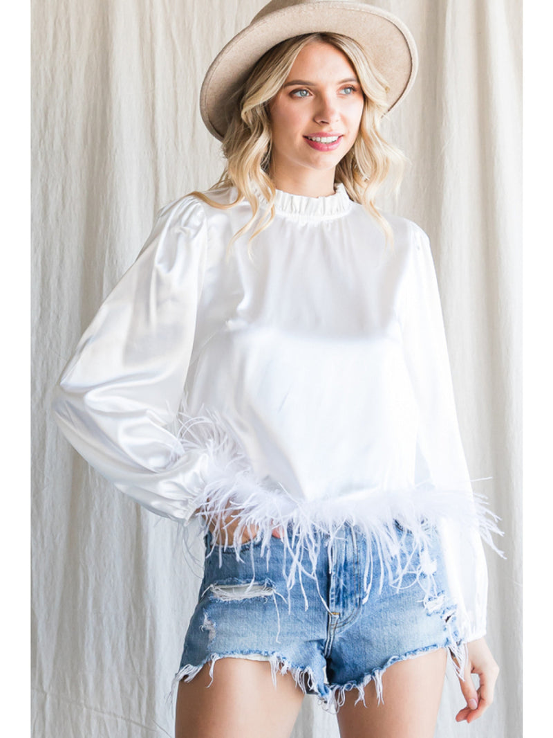 Off-White Satin Top with Faux Feather Hemline