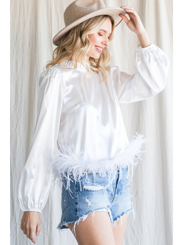 Off-White Satin Top with Faux Feather Hemline