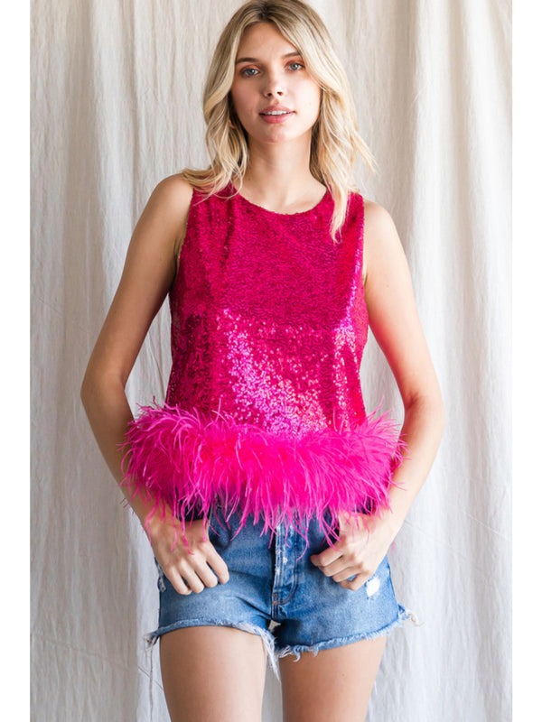 Sleeveless Sequin Top with Faux Feather Hemline
